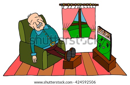 Cute grandpa sleeping on sofa with football on TV