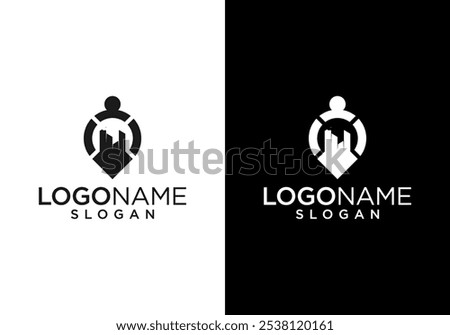 Location sign and city building design vector template with people symbol. Map pin symbol vector. GPS icon design vector. GPS tracker logo vector with simple and clean design. Signs and Symbols.