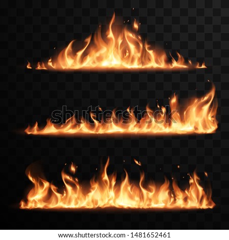 Realistic fire flames set on transparent black background