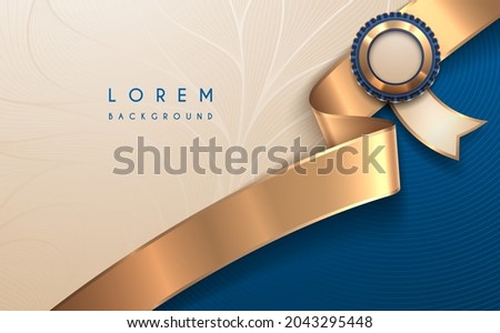 Blue and white background template with golden ribbon