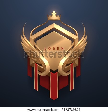 Golden badge template with crown and wings