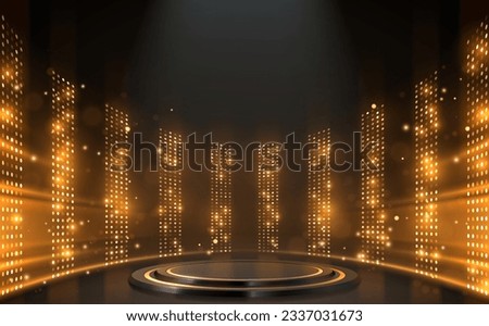 Podium with golden light lamps background