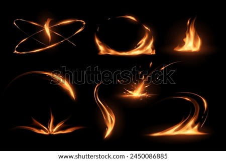 Fire flames set on black background