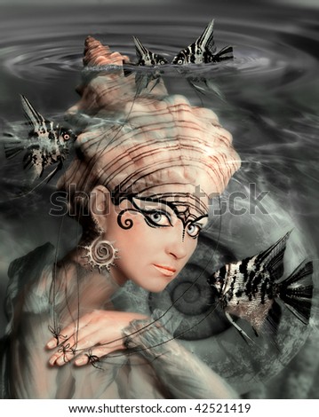 mermaid with a crown of shells and fish Angelfish