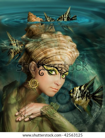 mermaid with a crown of shells and fish Angelfish