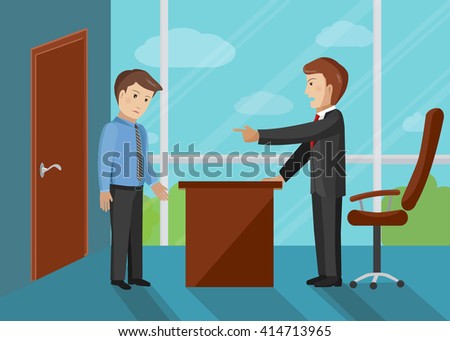 Boss dismisses employee, pointing his finger at the door. Vector Illustration 