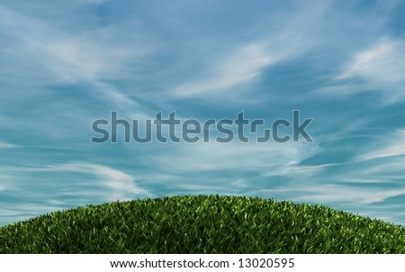 A 3D composition of a green grass area with a sky as background
