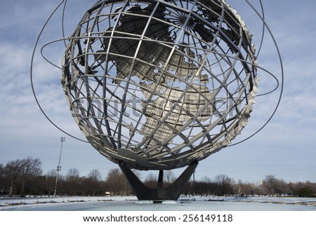 FLUSHING, NEW YORK - FEB 1, 2015: The Queens Unisphere in Flushing Meadows Corona Park. The structure was built for the 1964 World's Fair.