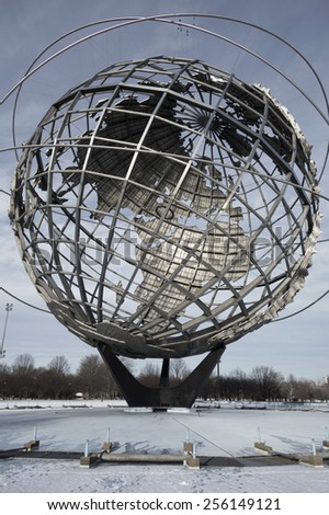 FLUSHING, NEW YORK - FEB 1, 2015: The Queens Unisphere in Flushing Meadows Corona Park. The structure was built for the 1964 World\'s Fair.