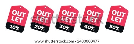 Outlet sale set with tag icon 50%, 40%, 30%, 20%, 10% off. Black and red