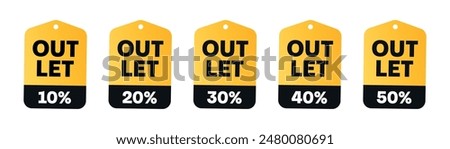 Outlet sale set with tag icon 50%, 40%, 30%, 20%, 10% off. Black and yellow