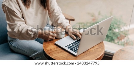 Similar – Foto Bild Anonyme Frau mit Kaffeetasse im Café