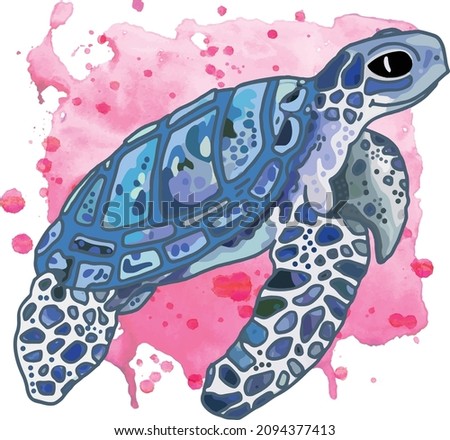 Sea Turtle Drawing for children. Happy Blue Caretta Caretta Illustration Swimming. Tortoise character for children's book or t-shirt print with watercolor splatter pink background.