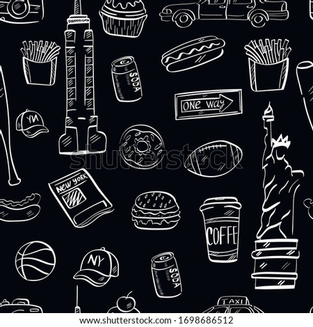 New york, travel, fashion vector chalk seamless pattern on black background. Concept for wallpaper, wrapping paper , cards 