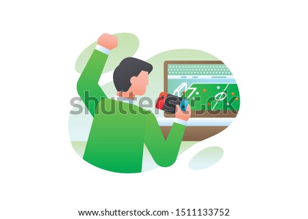 Game Illustration. Gamers Vector Design. A Man Holding A Console Playing Football Games On Television. E Sport Concept