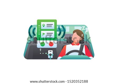 The Online Taxi Driver Uber Or Grab Car Fell Asleep From Exhaustion In The Car When An Order Came In Through A Notification On His Smartphone. Ride Sharing Carpool Vector Illustration