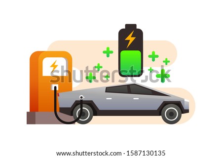 The Electric Tesla Cyber Truck Car Is Charging The Battery At Super Charger Station. Cyber Truck Vector. Futuristic And Modern Autonomous Self Driving Car Truck Illustration Background.