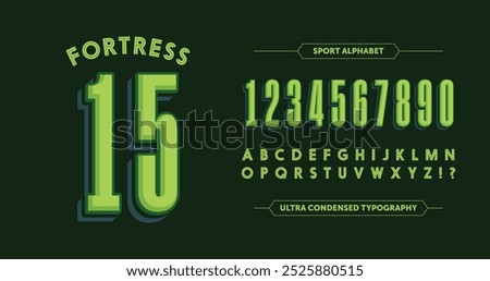 Fortress 15: Bold yellow numbers with a striking green outline. Hipster-inspired design featuring A-Z characters on a sleek black background. Perfect for standout, modern designs. Vector illustration.