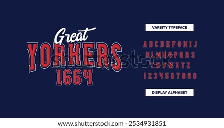 Great Yorkers 1664: A classic varsity alphabet in red with maroon shadows and white outline. Ideal for athletic logos, T-shirts, and vintage-inspired designs. Navy background adds timeless appeal.