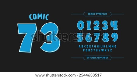 Comic 73: Striking blue number design with bold comic flair on an orange-red backdrop. Ideal for custom sports jerseys and racing numbers. Vector format.