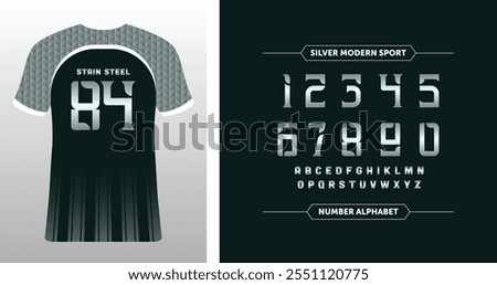 Stain Steel 84: Dark jersey with sharp typography. A standout design for unique team branding. Fully customizable with alphabet and numbers.