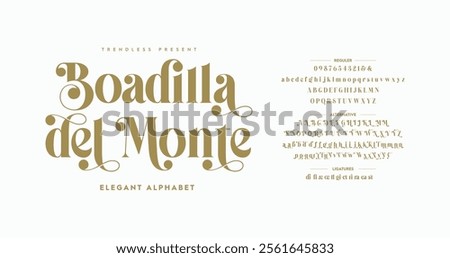 Boadilla del Monte: Classic Typography Minimal Fashion Designs. Typeface modern serif fonts and numbers. Elegant stylish alphabet letters font, ligatures, and number.	