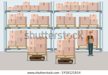 Warehouse worker in uniform with a barcode scanner, automated warehouse operation using a robot.  Logistics service for storage and delivery. Vector illustration.