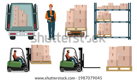 A set of vector images isolated on a white background.  Warehouse, logistics, storage, delivery, uniformed personnel, crates on the shelf, forklift,  wooden pallet, shelving, robot automation.