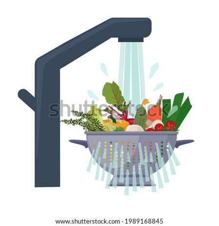 Wash your vegetables before eating. Food in a colander under water, vegetables before cooking. The concept of healthcare. Vector illustration.