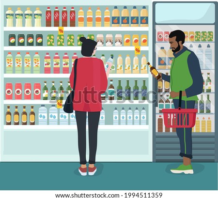 The interior of a grocery store, a shelf, a display case, a refrigerator with drinks in cans and bottles, customers choosing goods.   Vector illustration.