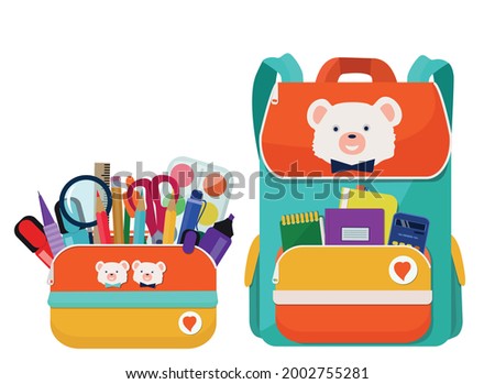 A bright school pencil case, a bag, a backpack, a briefcase is filled with school stationery. Pen, pencil, scissors, ruler, paint, textbook. Back to school.  Vector illustration on a white background.