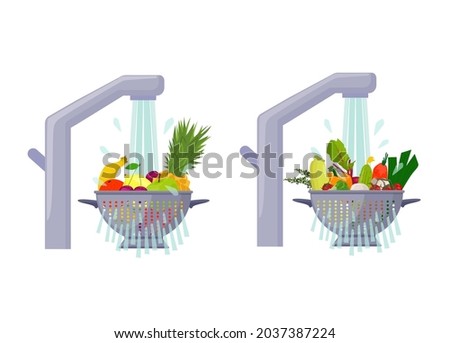 Vegetables and fruits in a colander under running water.  Wash fruits and vegetables before eating. Health care. Vector