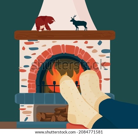 Feet in warm socks by the fireplace. A cozy evening at home, a person is resting and warming up.Vector illustration