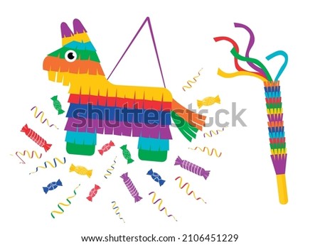 Colorful pinata with sweets and a whipping stick. Mexican birthday celebration tradition. Vector illustration. Сток-фото © 