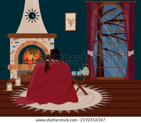 Cozy rainy autumn evening at home. People are sitting by the fireplace, wrapped in a blanket. Vector illustration.