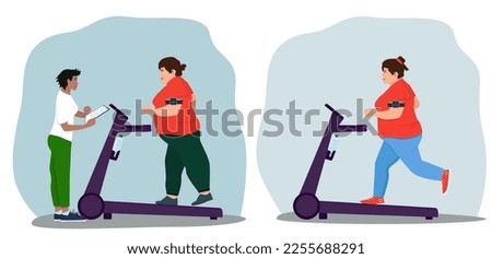 A stout woman works out on a treadmill with a personal trainer according to an individual program. Vector illustration.