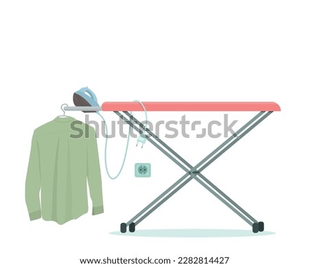 Ironing board with iron and ironed shirt. Laundry service. Vector illustration.