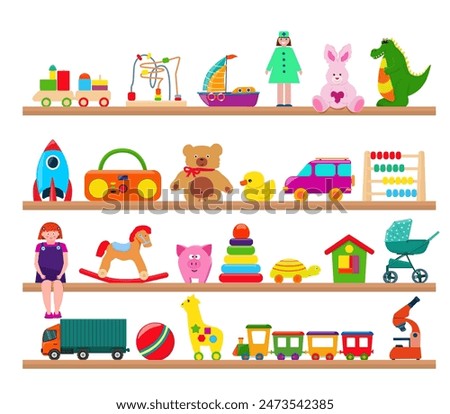 The shelves feature a collection of educational and soft children's toys for girls and boys. Vector illustration.