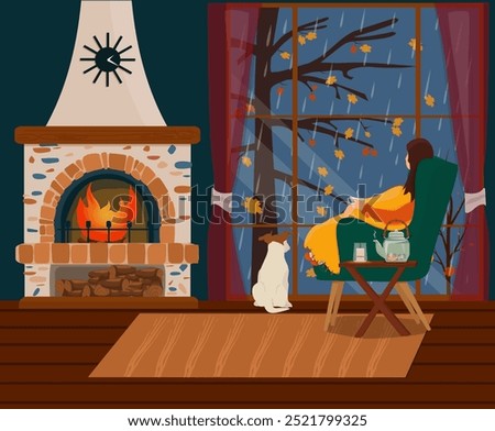 A cozy autumn evening by the fireplace. The girl is sitting in an armchair, wrapped in a plaid. Vector illustration.