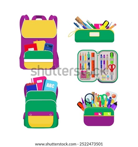 A bright school pencil case, a backpack, a briefcase filled with school stationery and notebooks. Vector illustration.