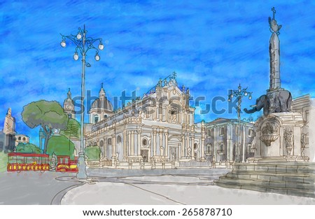 Painting of Catania\'s main square in Sicily, Italy