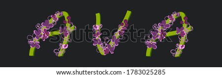 Female name Ava, written in decorative script. Font composition of blooming lilac flowers on a dark background