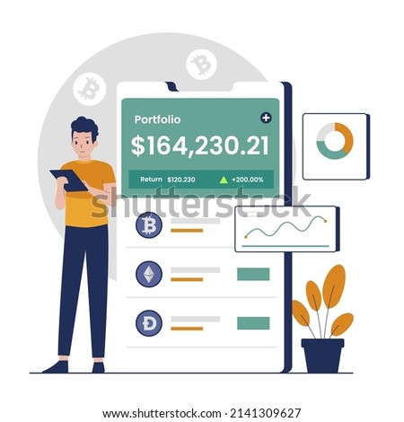 Crypto portfolio illustration design concept. Illustration for websites, landing pages, mobile applications, posters and banners