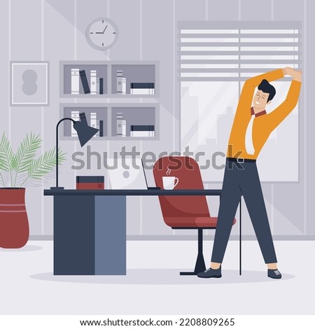 Flat design of man stretching at workplace. Illustration for websites, landing pages, mobile applications, posters and banners. Trendy flat vector illustration
