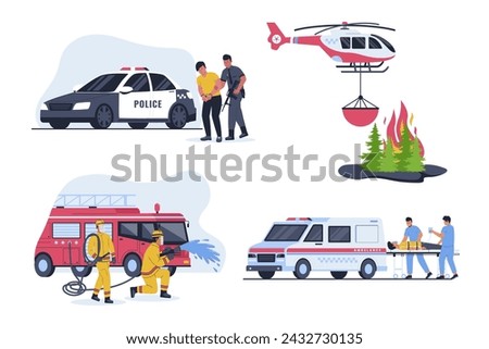 Set of emergency service. Police car, fire truck, ambulance car and helicopter . Vector flat illustration