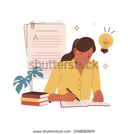 Flat design of woman writing essay. Flat illustration concept