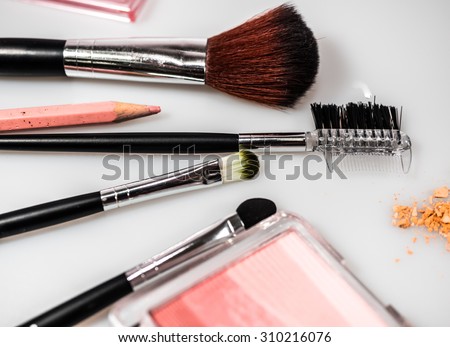 Make-up cosmetics accessories and beauty tools isolated on white background