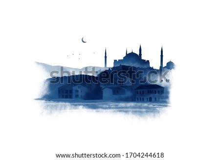 View from the water in Istanbul, Hagia Sophia, Turkey. Watercolor sketch Zdjęcia stock © 