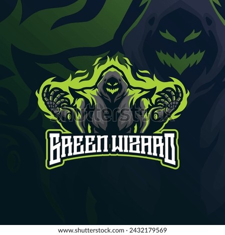 Wizard mascot logo design vector with modern illustration concept style for badge, emblem and t shirt printing. Green wizard illustration for sport and esport team.