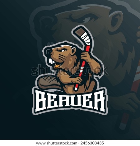 Beaver mascot logo design vector with modern illustration concept style for badge, emblem and t shirt printing. Beaver hockey illustration with stick in hand.